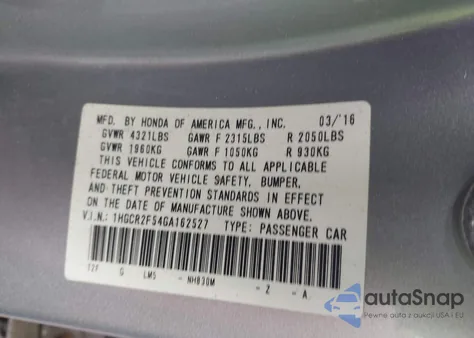 2016 Honda Accord Sport из США, поврежденный, VIN 1HGCR2F54GA162527